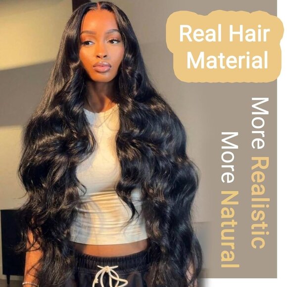 HD Lace Front Wig 13x4 Body Wave Human Hair 220 Density 26in Pre Plucked Black - Picture 2 of 4